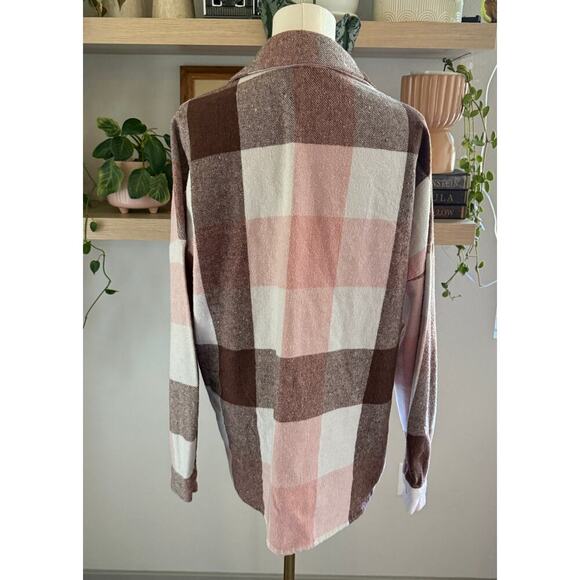 Pink Brown Plaid ButtonUp Shacket Womens Flannel Size XL Fall Autumn Casual - Picture 2 of 8